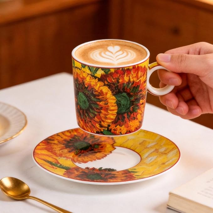 KAMMAK Tea Cups and Saucers Set of 2, Porcelain Coffee Cups, Stackable Espresso Mugs, Ceramic Demitasse for Coffee, Cappuccino, Latte, Americano, Tea, Small - Sunflower Oil Painting
