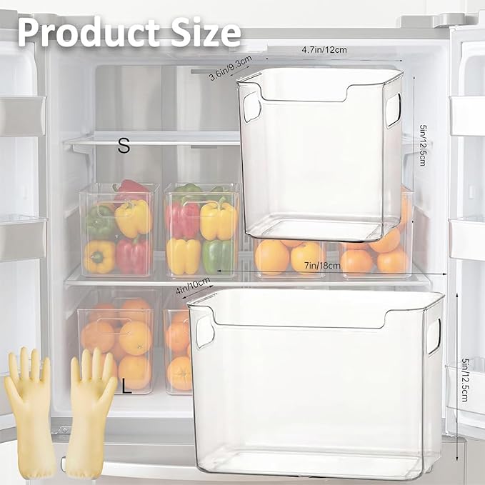 Crystal Clear Freezer Storage Bins, Clear Plastic Storage Bins for Refrigerator and Pantry, Stackable Freezer Organizer Bins with Handles, Versatile for Kitchen, Bathrooms, Cabinets (4 Small)