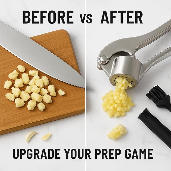 Garlic Crusher & 16-in-1 Vegetable Chopper Bundle – Stainless Steel Garlic Press with Multifunction Mandoline Slicer, Onion Chopper, Food Processor & Kitchen Prep Tools
