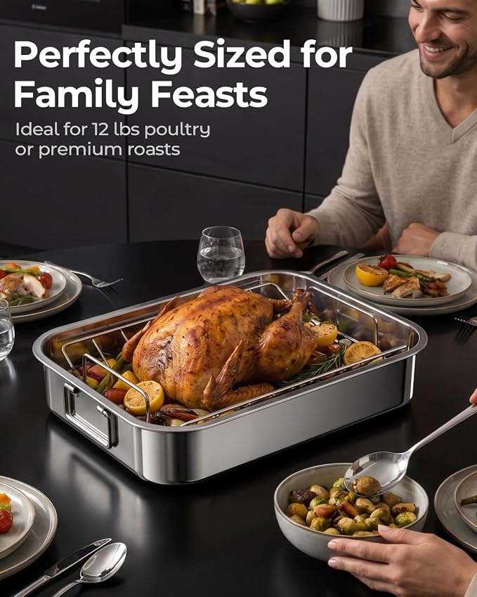 Stainless Steel Roasting Pan with Rack, Heavy-Duty Turkey Roasting Pan for Oven, Includes Two Bakinng Rack Insert, Perfect for Holiday Turkey & Everyday Meal Prep, Fits Up to 12 lbs Turkey