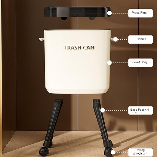 Tall Trash Can with Wheels, 15L Large Capacity Narrow Garbage Can with Elevated Legs, Trash Bin for Kitchen Bathroom Living Room Office (Cream White)