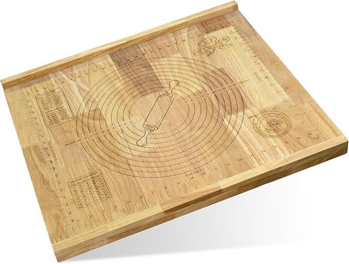 Wooden Pastry Board with Measurement 24'' x 20" Reversible Kneading Board with Side Lip and Engraved Ruler Bread Cutting Boards for Rolling Dough Baking Counter Top Kitchen (Natural)