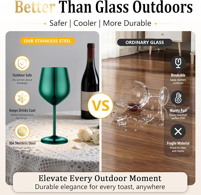 UNISWEET Stainless Steel Wine Glasses Set of 4 Unbreakable Wine Glass 18 oz Unique Metal Wine Goblets for Outdoor, Travel, Camping, Pool, Ideal Gift for Wine Lovers (Green)