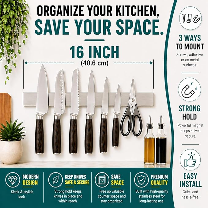Magnetic Knife Holder 16 Inch Silver – Classic Stainless Steel Strip, Rack & Bar for Wall or Fridge, No Drill Adhesive Kitchen Organizer, Premium Gift by Pampavanna