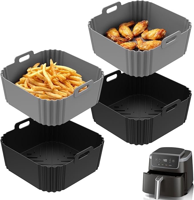 4 Pack Silicone for 5-8QT, 8 Inch Square Reusable Non-Stick Basket Inserts Fit for Air Fryer Pro XL AF141 AF142 AF181 AF182, Pot Oven Liner Baking Tray Air Fryer Accessories