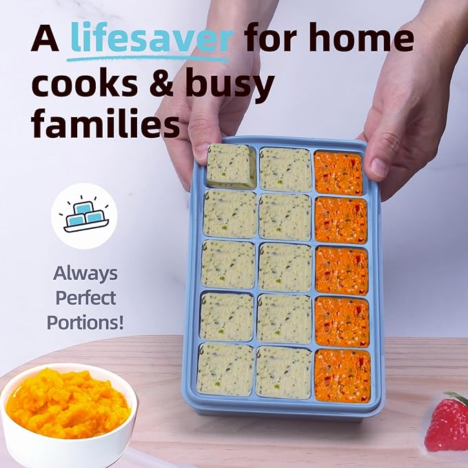 1/2-Cup & 2 Tbsp Silicone Freezer Molds - For meal prep & freezing of various sauces and other dishes,Perfect for Storing Garlic, Herbs, Ginger, Pesto - Silicone Food Freezer Tray (Blue 4 Pack)