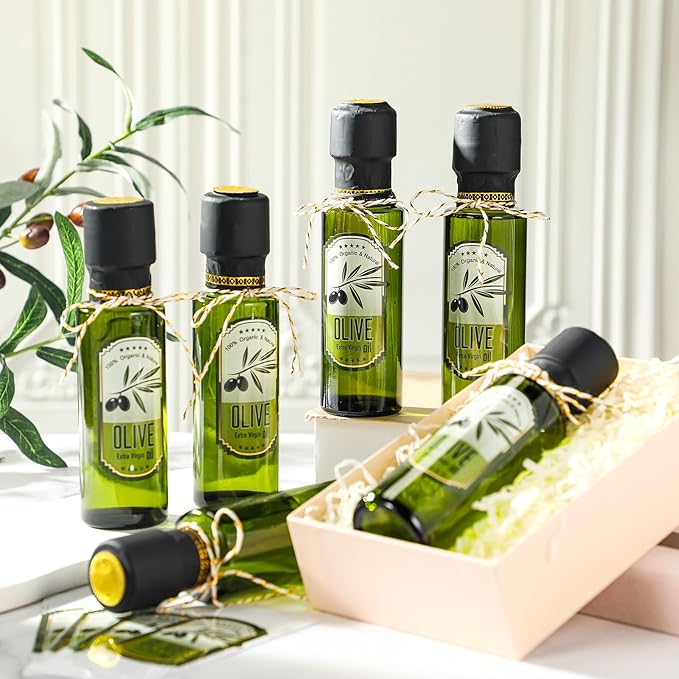 Reallnaive 20 Pcs 4 oz Mini Glass Olive Oil Bottles Empty Sauce Condiment Bottles with Dropper Inserts and Sticker Seals Caps for Gifts Kitchen (Circle,Dark Green)