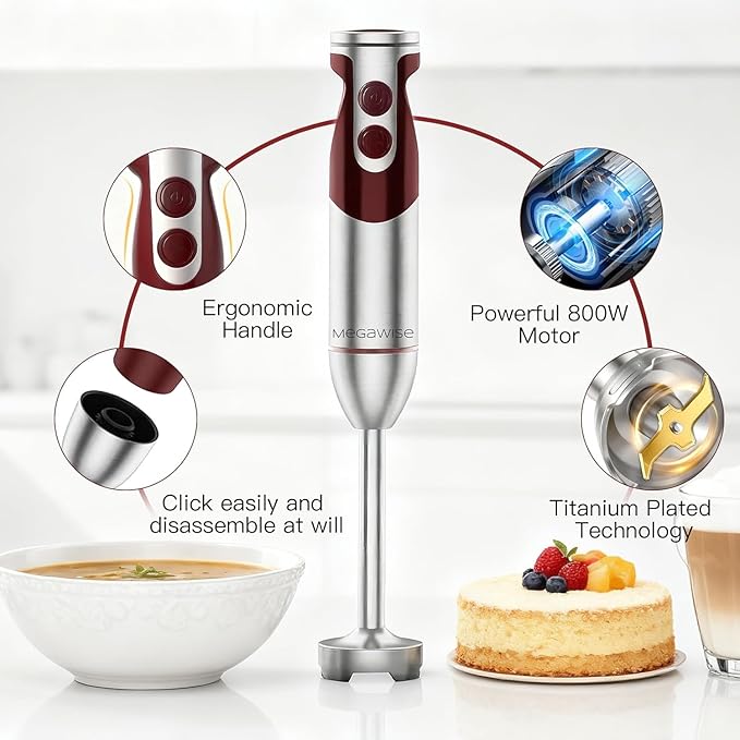 Megawise 3-in-1 Hand Blender – 12-Speed, Includes Powerful Blender Stick, Whisk, and Milk Frother – Easy to Clean and Perfect for Smoothies, and More (Red)