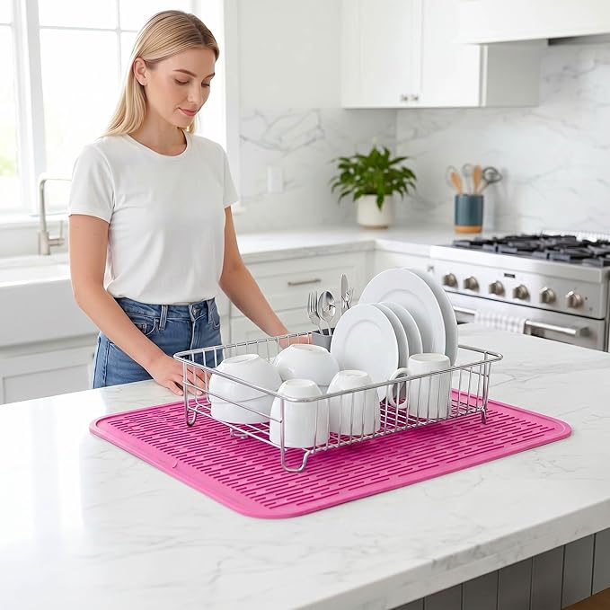 MicoYang Silicone Dish Drying Mat for Multiple Usage,Easy clean,Eco-friendly,Heat-resistant Silicone Mat for Kitchen Counter or Sink,Refrigerator or Drawer Liner Rose 2XL 24 inches x 18 inches
