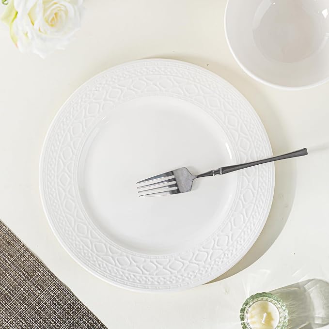 16-Piece Ceramic Dinnerware Set for 4, Athens Palace Relief Dishes and Plates Sets, Includes Mugs, Plates and Bowls, Elegant High-Temperature Reinforced Porcelain, White