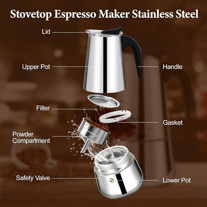 4 Cup Stainless Steel Moka Pot Stovetop Espresso Maker | Italian Coffee Machine 200ml 6.6oz Suitable for Gas Induction Stovetop Mocha Greca Coffee Maker Percolator Straight