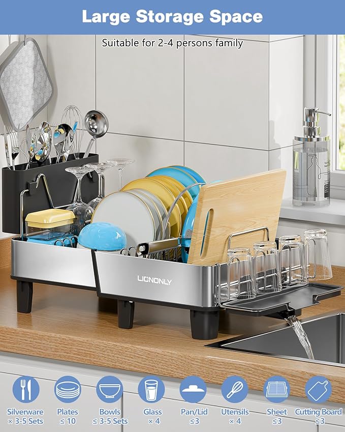 Dish Drying Rack, 304 Stainless Steel Exendable Dish Rack with Adjustable Drain Spout, Large Capacity Dish Drainer with Utensil Holder, Cup Holder and Cutting Board Rack for Kitchen Counter, Black