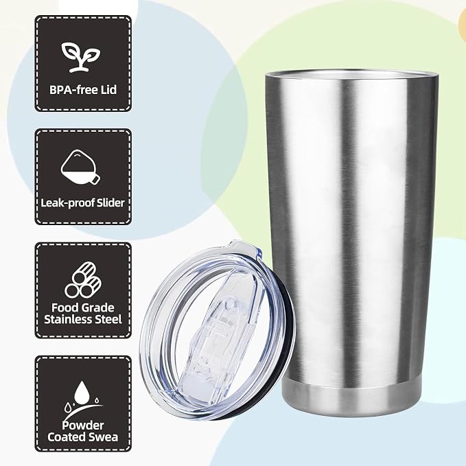 20oz Tumbler with Lid Stainless Steel Insulated Tumblers Travel Coffee Tumbler Bulk Double Wall Vacuum Insulated Water Cup Gifts for Christmas Women Men Her Him Home Office(Silver, 6pack)