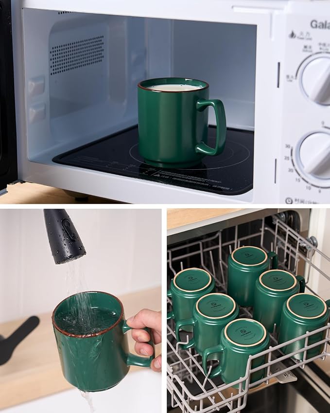 famiware Coffee Mugs Set of 6, Nebula 14oz Coffee Mugs, Ceramic Cup Set with Handle for Latte, Tea, Milk, Cappuccino, Cocoa, Dark Green