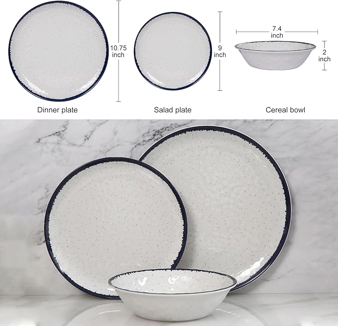 12-Piece Melamine Dinnerware Set for 4 - Retro Speckled Pattern | Lightweight & Scratch Resistant Plates & Bowls, Indoor/Outdoor Use