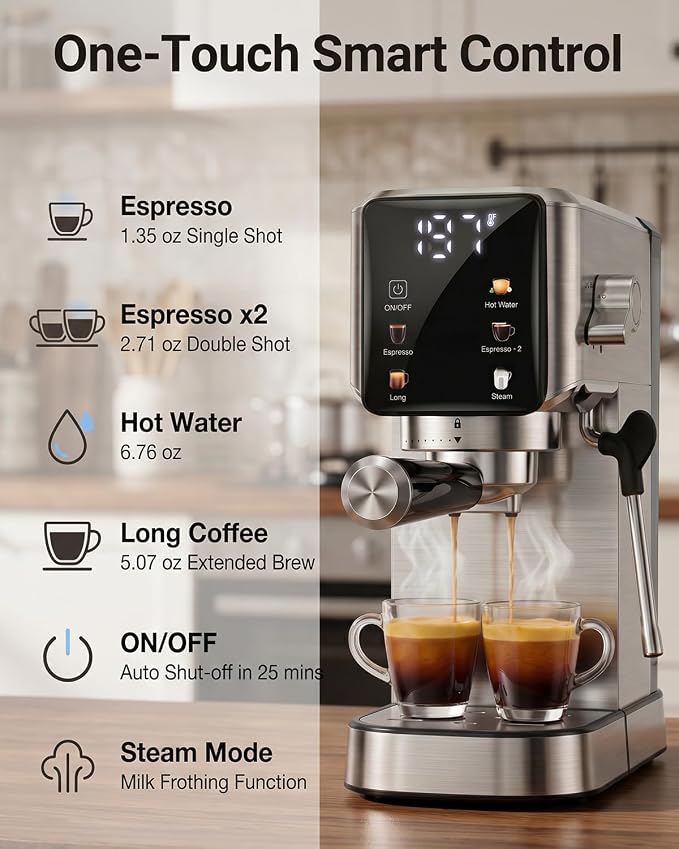 Espresso Machine 20 Bar, 1350W Expresso Coffee Machines with Milk Frother,Stainless Steel Espresso Maker with 39oz Removable Water Tank for Cappuccino, Latte(Silver)