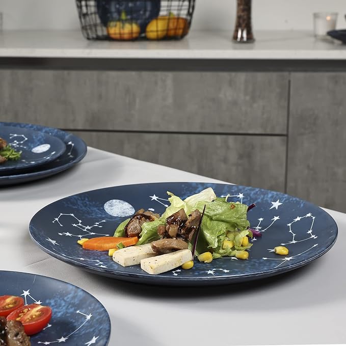 12 Piece Melamine Dinnerware Sets for 4 - Starry Pattern Camping Dishes Set for Indoor and Outdoor Use, Dishwasher Safe Plates and Bowls Sets, Dark Blue | Plates and Bowls Set Service for 4,Camping Dishes Set for Indoor Dining, Picnics, and Entertainin...