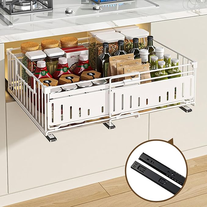 Expandable Pull Out Cabinet Organiser, No Drill Adhesive Slide Out Kitchen Drawer Shelf Durable Metal for Under Sink, Cupboard, Pantry, Adjustable Width (12.8"-19.7") (Style A Black, 2 Pack)