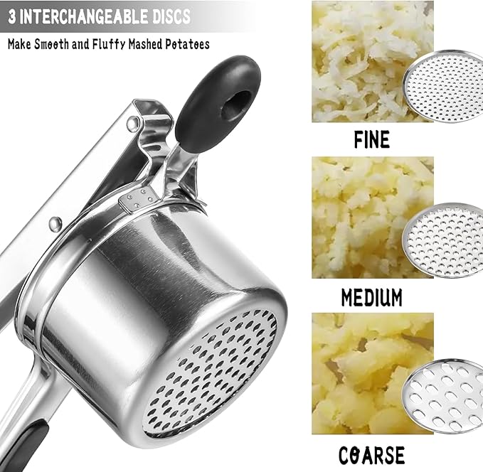 Potato Ricer Heavy Duty Stainless Steel Potato Masher with 3 Interchangeable Discs, Large Masher and Ricer Kitchen Tool for Mashed Potatoes, Spaetzle Noodle Maker, Potato Press