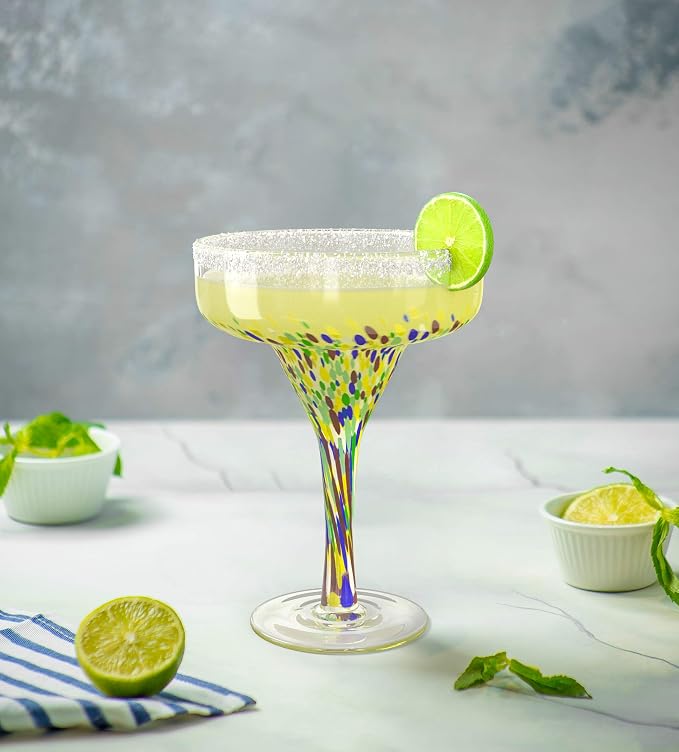 Margarita Glasses – Set of 4 - Luxury Hand Blown Confetti Margaritas, Cocktails, Water, Wine, Dessert, Martini & Champagne Cinco de Mayo, Hand Blown - Mexican Confetti Design Glass, Party, Home & Bar
