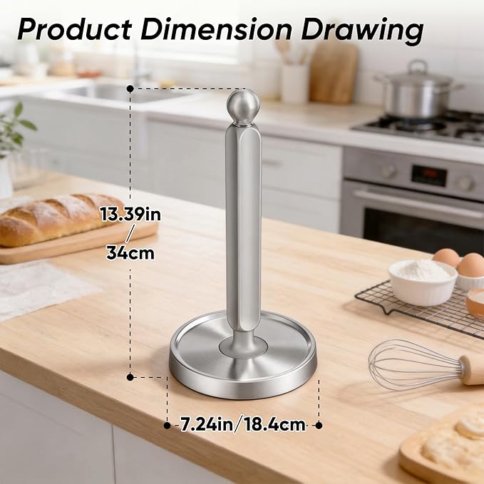 theaoo Paper Towel Holder Countertop, One-Handed Tear Paper Towel Stand Dispenser with Damping Function for Kitchen Bathroom, Stainless Steel Paper Towel Holder with Weighted Non-slip Base (1, Silver)