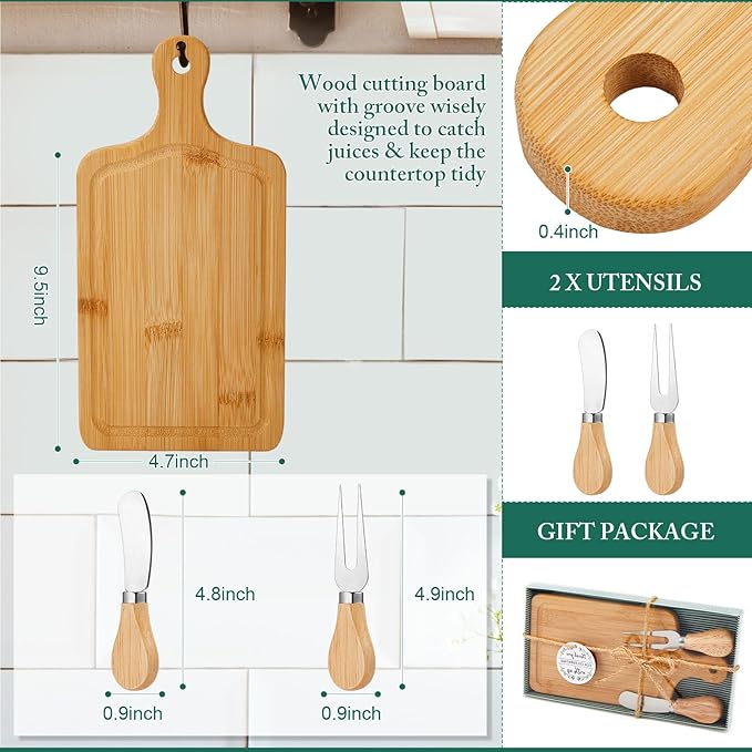 Ziliny 4 Set Bridal Baby Shower Cheese Prizes Wooden Square Board Gift Set Knives Forks Thank You Tags with Box for Guests for Valentines Bridal Baby Shower Housewarming Gifts (Bamboo Color)