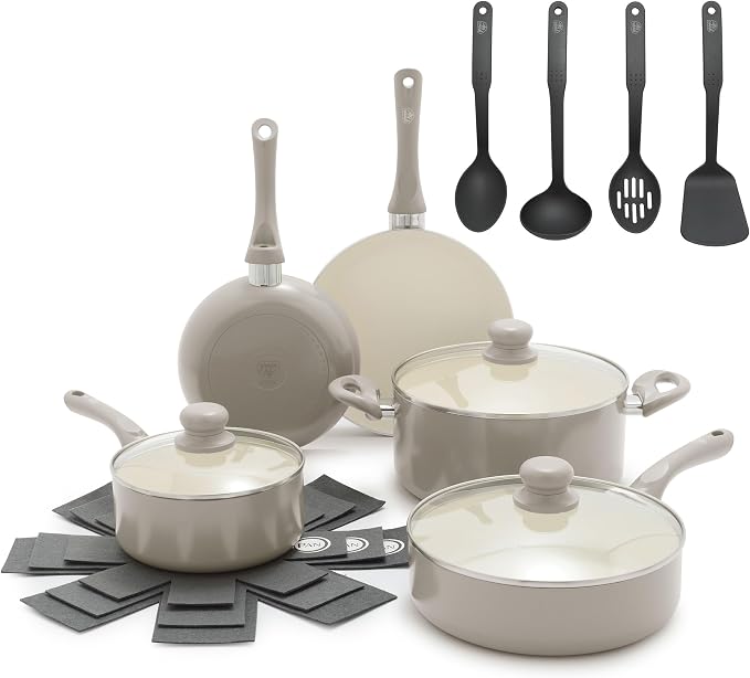 GreenLife 16-Piece Nonstick Cookware Set, Non-Toxic Ceramic Pots and Pans Set, Durable Healthy Kitchen Essentials, Fast Heating, Induction Ready, Easy Clean Dishwasher Safe, PFAS-Free, Beige Taupe
