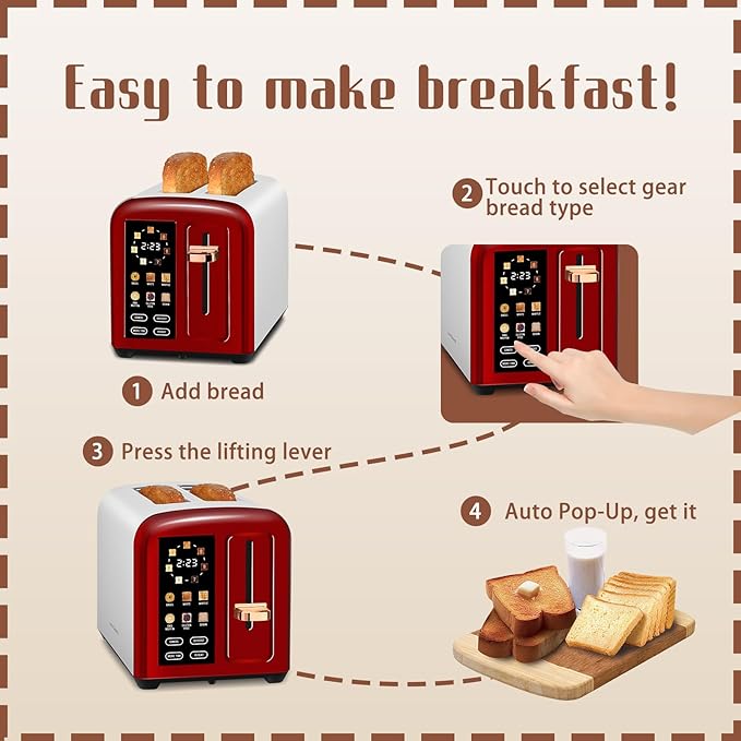 SEEDEEM Toaster 2 Slice with Touch Screen, Faster Heating Speed, 7 Shade Setting, 6 Bread Type, 1.5”Wide Slots Toaster, Removable Crumb Tray, 1350W, Dark Cherry