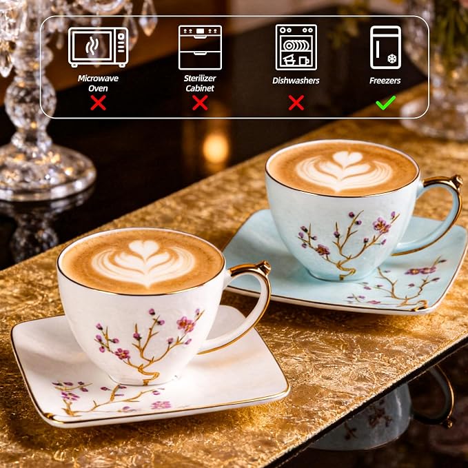 KAMMAK Tea Cups and Saucers Set of 2, Fine Bone China Coffee Cups, Stackable Espresso Mugs, Ceramic Demitasse for Coffee, Cappuccino, Latte, Americano, Tea, Golden Plum (White + Blue)