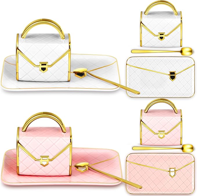 Zubebe 2 Sets Coffee Mug Elegant Handbag Shaped Cup Modern Ceramic Purse Mug with Spoon and Saucer, 10oz Cute Creative Tea Cup for Woman Girls Gift (Pink,White)