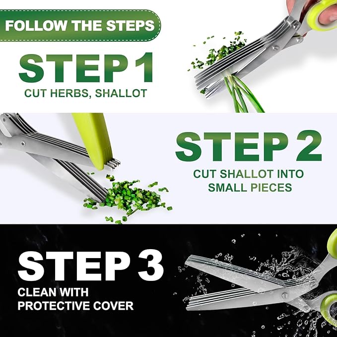 2 Pack Green Herb Scissors, Shallot Scissors, Multipurpose 5 Blade Kitchen Herb Shears, Herb Cutter with Safety Cover and Cleaning Comb for Chopping Shallot Basil Chive Parsley