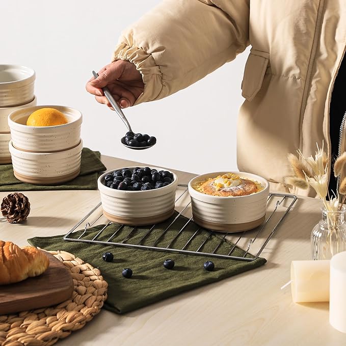 Frewinky Ceramic Ramekins 8 oz Set of 6 for Creme Brulee and Custard Cups | 8 oz ceramic ramekins for creme brulee, custard, pudding and individual desserts, with an oven-safe, stackable design.