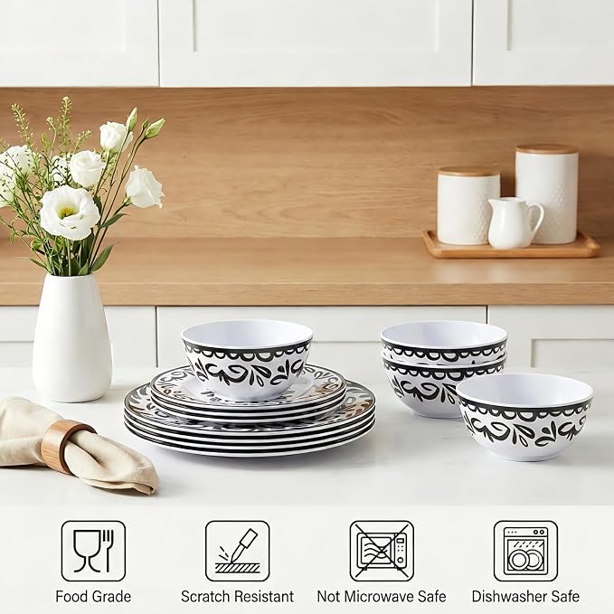 12-Piece Melamine Plates and Bowls Set - Artistic Black & White Design Dinnerware Set， Service for 4, Lightweight Melamine Dishes Set for Indoor and Outdoor Use，Black Floral