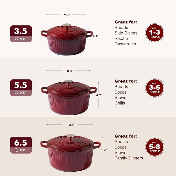 SENSARTE Enameled Cast Iron Dutch Oven Pot with Lid 3.5/5.5/6.5 Quart Heavy-Duty Round Dual Handles Kitchen Pot with Cotton Potholders & Silicone Trivet, Pot for Bread Baking, Stews, Braising, Roasting, Oven Safe, 6.5 Quart, Red