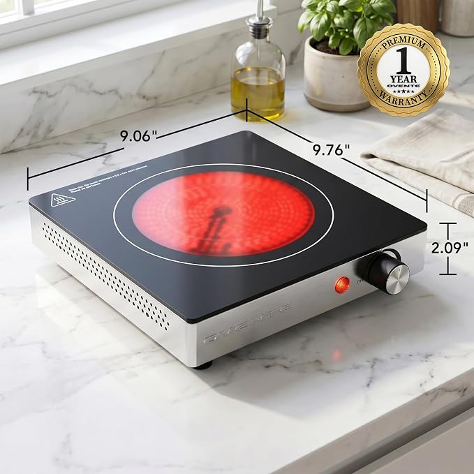 OVENTE Infrared Ceramic Single Burner, 1200W Electric Countertop Hot Plate with Black Crystalline Glass, Portable Stainless Steel Cooktop for Home, Office, or Dorm Use, Black BGI301GB
