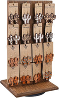 Ikee Design Wooden Rotating Two-Sided Jewelry Display Stand, Rotating Organizer with 32 Hooks for Store, Earring Keychain Display with Hooks, Brown color, 9 W x 7.5 D x 16.5 H in