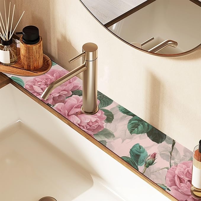 Kitchen Sink Splash Guard 1 PC 30 Inch Sink Faucet Mat Splash Guard for Bathroom Countertop Water Absorbent Foldable Cuttable Soft Washable Pink Vintage Roses with Leaves