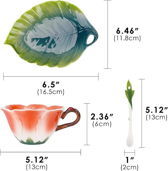 Lily Flower Tea Cup and Saucer Set 6 Oz, Enamel Flower Porcelain Coffee Cup Saucer Set with Spoon for Women, Hand Crafted Tea Set (Clivia Lily)