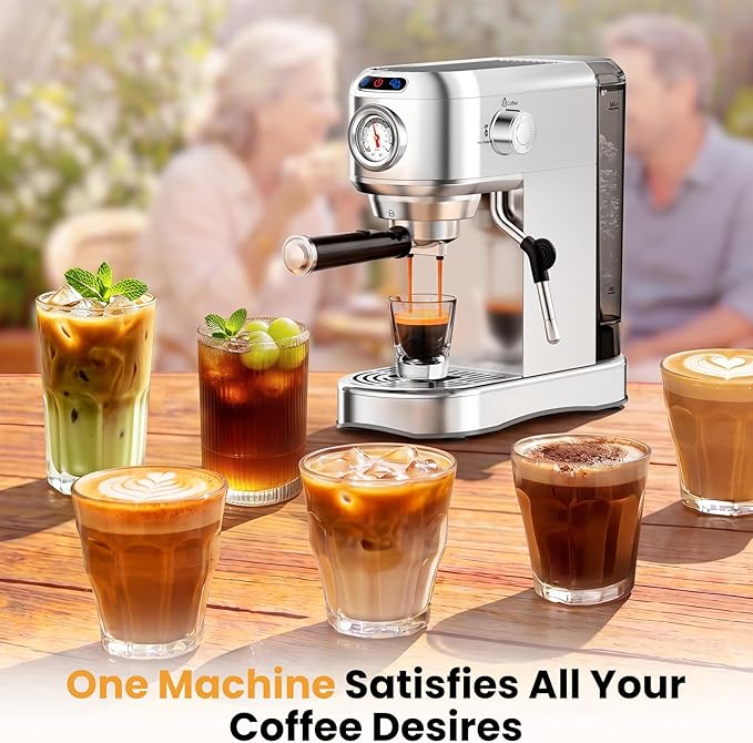 Espresso Machine 20 Bar, Compact Espresso Coffee Machine with Milk Frother, Stainless Steel Coffee Maker with 34oz Removable Water Tank, Cappuccino Machine for Home, Office, Latte (Silver)