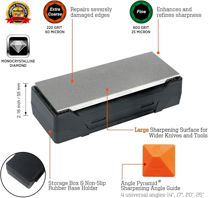 SHARPAL 163N Double-sided Diamond Sharpening Stone, 8 in. x 3 in. | Extra Coarse 220 / Fine 600 Grit, Storage Case with NonSlip Base, Angle Guide, Knife Sharpener
