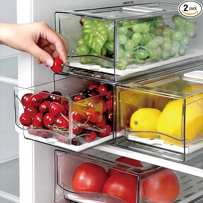 bealy 2 Pack Fruit Storage Containers for Fridge,Stackable Fridge Organizer,Clear Refrigerator Organizers with Pull Out Drawer for Fruit, Produce, Vegetables, Drinks, Snack and Food Storage,BPA Free