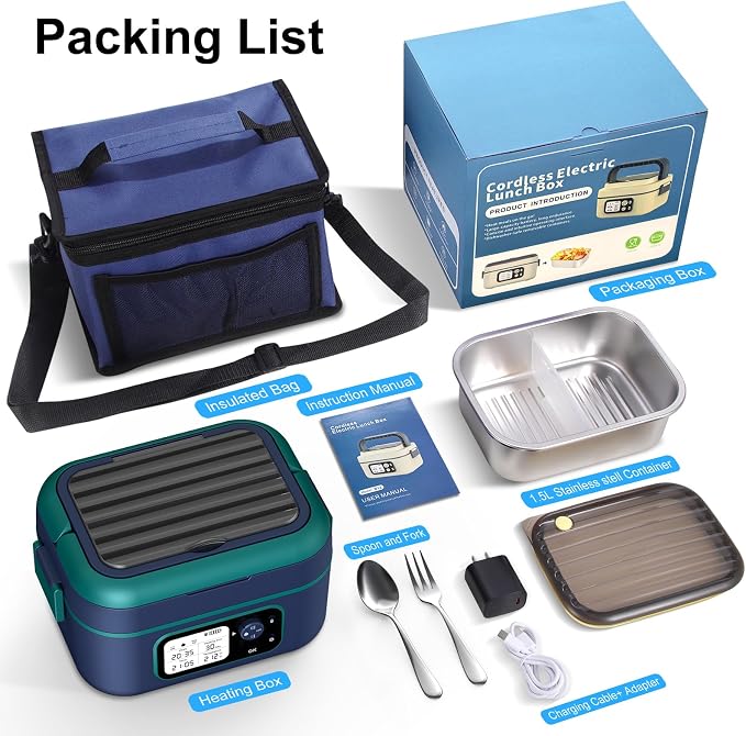 Cordless Electric Heated Lunch Box, 1.5L - 6.3 Cups 100W Rechargeable Smart Self-Heating Food Warmer with Removable Divider, Spoon, Fork, BPA Free, Portable Lunchbox for Car Travel Office Blue