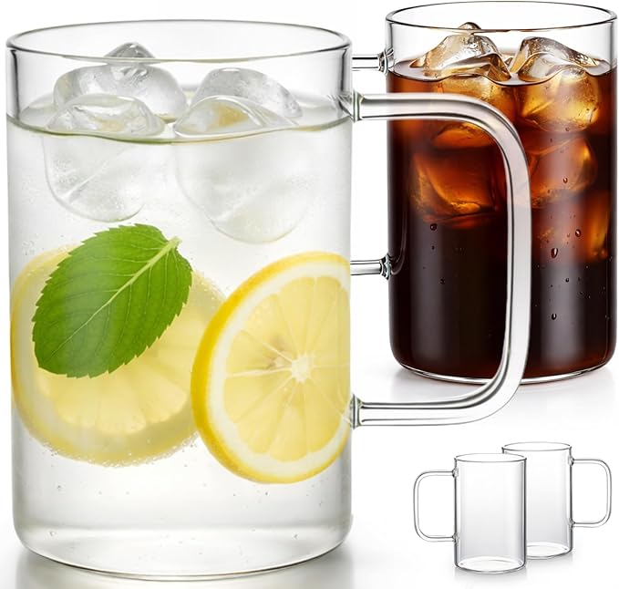 Aquach 18oz Glass Coffee Mugs Set of 4, Large Clear Borosilicate Cups | Dishwasher/Microwave Safe, Single-walled, Smooth Rim, Handle Comfort, Large Capacity Fits Hot/Cold Brews