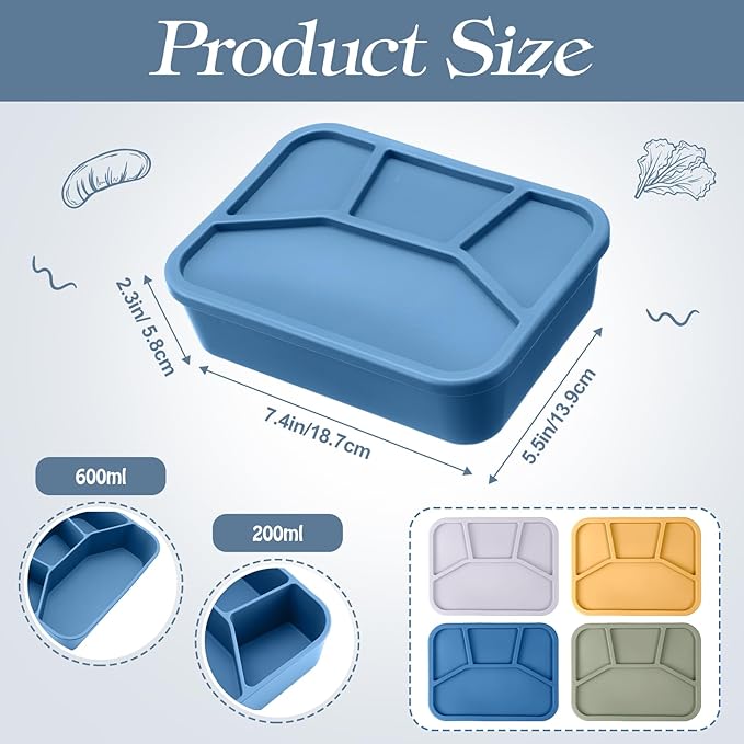 Honeydak 4 Pcs Silicone Bento Box Reusable Lunch Container 4 Compartment Snack Boxes with Lid Smooth LeakProof Rectangle Food Boxes for Adult Work Travel Food Storage (Cute Color)