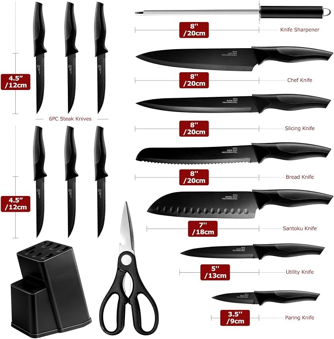LIANYU Kitchen Knife Set with Block and 15-Piece Kitchen Cooking Utensils Set with Holder, 15 Pieces Knife Block Set with Sharpener and Silicone Kitchen Tools Include Spatula Tong Slotted Spoon Turner
