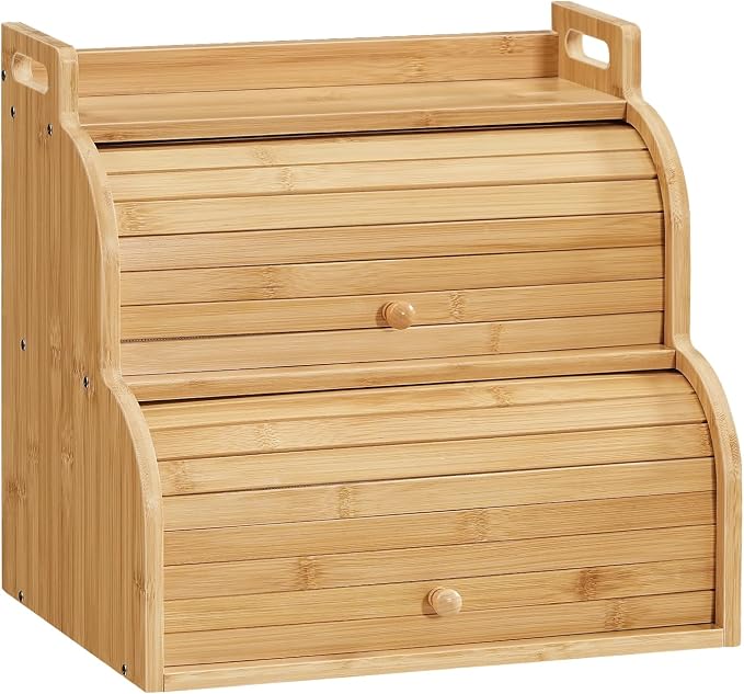 HOOBRO Bread Box, Bamboo Bread Box for Kitchen Countertop, 2-Tier Roll-Top Bread Bin, Food Storage Box, Bamboo Storage Cabinet with Handles, for Kitchen, Dining Room, Natural YL15MB01