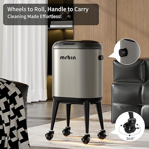Stainless Steel Slim Bathroom Motion Sensor Trash Can with Lid and Wheels, 13L / 3.4gal Electric Touchless Toilet Waste Basket with Legs for Narrow Vanity, Rvs, Dorm, Kitchen, Eclipse Grey