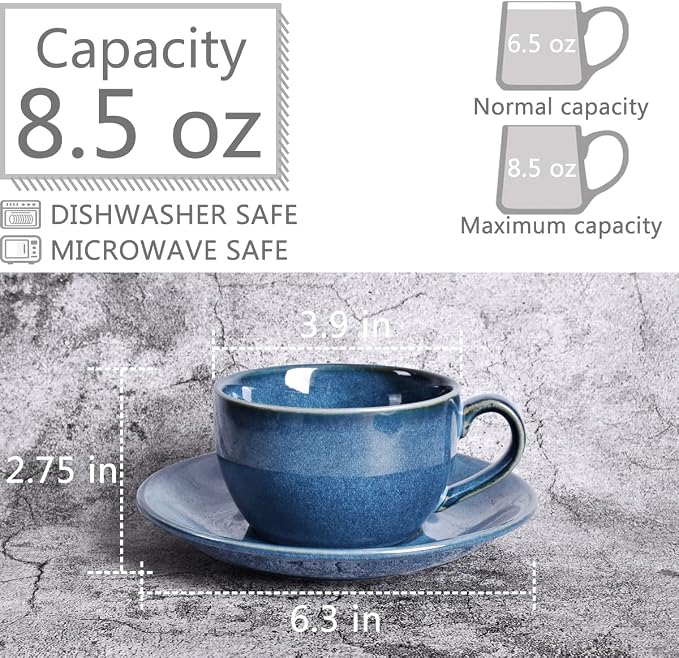 Bosmarlin Ceramic Coffee Cup Mug with Saucer Set of 2 for Latte, Cappuccino, Tea, 8.5 Oz, Dishwasher and Microwave Safe(Royal blue, 2)
