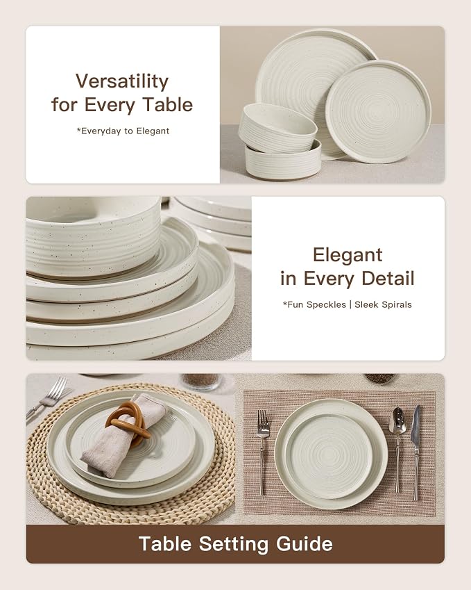 Stoneware Dinnerware Sets for 4, 12-Piece High Edge Plates and Bowls with Speckled Glaze & Spiral Design - Chip & Scratch Resistant, Microwave & Dishwasher Safe - Farmhouse, Cream