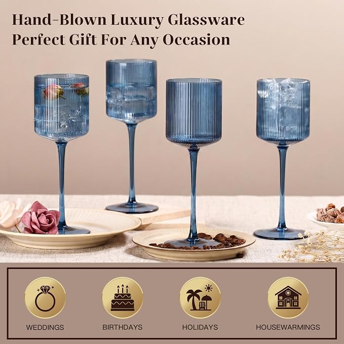 Midnight Blue Colored Square Wine Glasses Set of 6, Ribbed Design Blue Crystal Glassware with Long Stem, 11.5oz Hand Blown Red & White Wine Stemware For Home Dinner Party Wedding Housewarming Gift